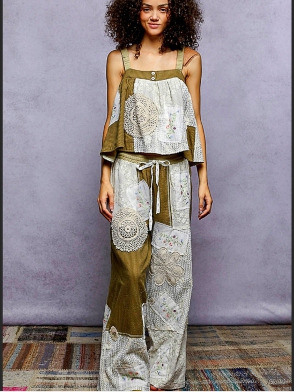 POL Brown and Cream Patchwork Wide-Leg Pants